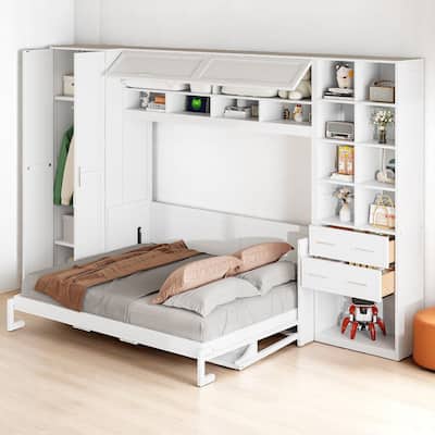 Queen Murphy Bed with Side Closet, Drawers, Adjustable Shelves - Space-Saving Wall Bed Cabinet