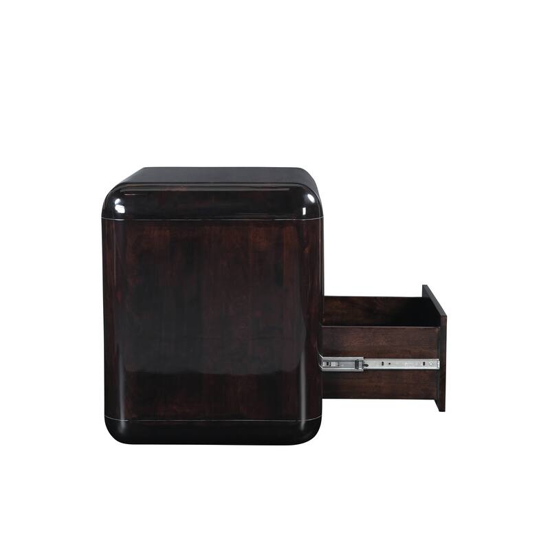 NADAAL STUDIOS Elaria Nightstand, Boxy High Gloss Acacia Body with Rounded Corners Push-to-Open Drawers, Dark Brown