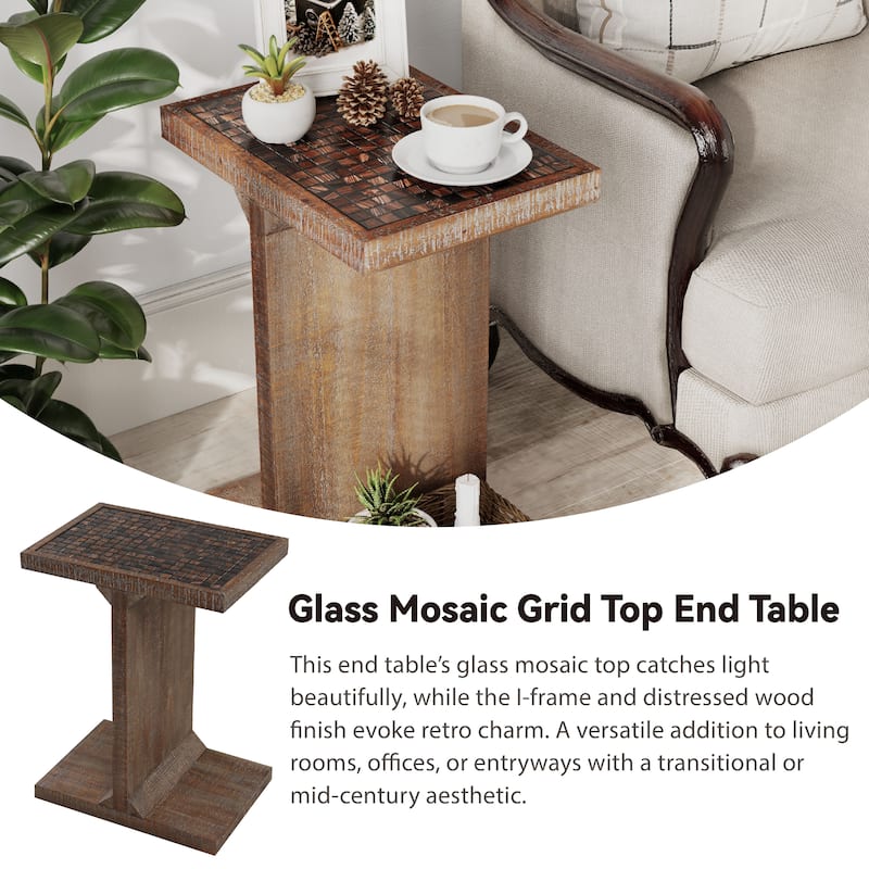COZAYH Transitional Wood End Table with Glass Tile Checkerboard Top, Retro-Inspired Nightstand with I-Base and Weathered Finish