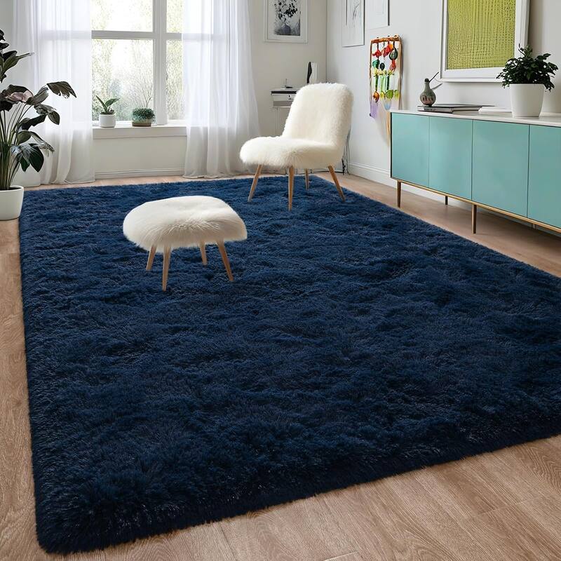 Living Room Bedroom Super Soft Pile Area Rug, Modern Shaggy Rugs, Non-Slip Pile Rugs for Kids - 5'x8' - A-navy  - Rectangle