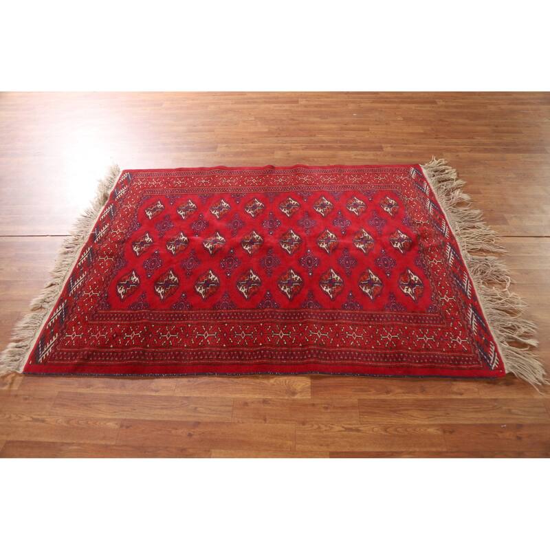 Geometric Red Turkoman Persian Vintage Foyer Rug Handmade Wool Carpet - 4'3"x 5'8"