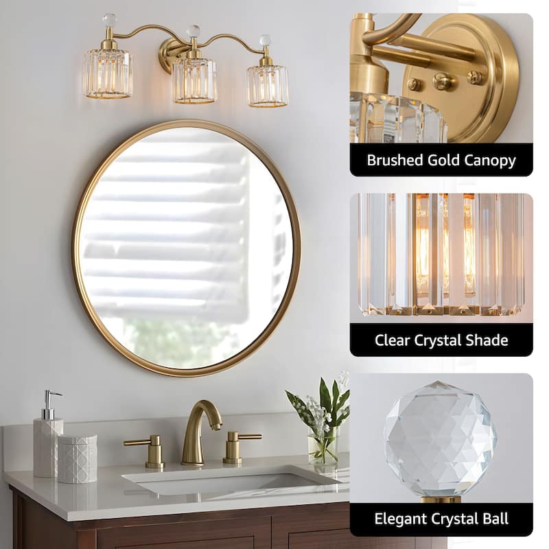 Starsky 3-Light Modern Crystal Bathroom Vanity Fixture with Ribbed Glass Shades and Sparkling Crystal Ball Accents