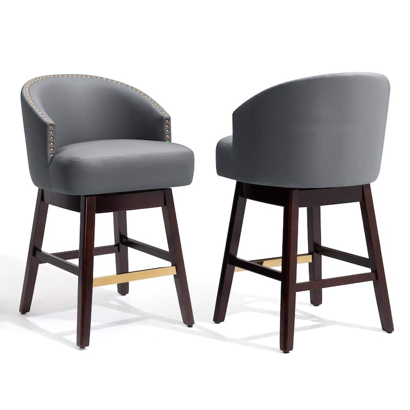 Bar Stools PU Leather / Linen Fabric Upholstered Wood Swivel Barstool Set of 2 or 4 - Set of 2 - Navy Blue-26.4 inches seat height