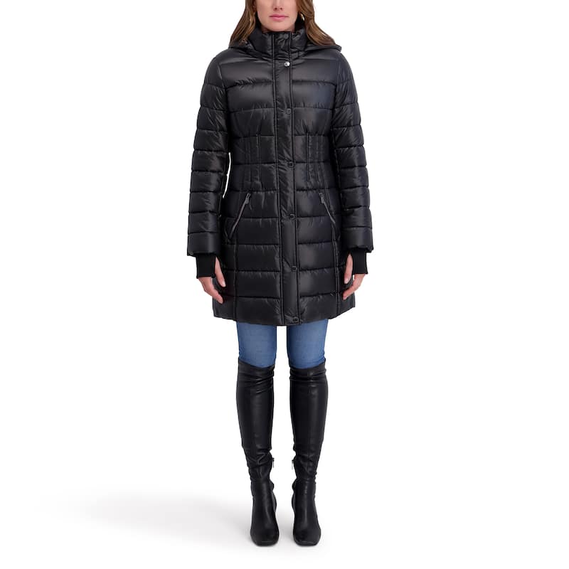 Kensie Quilted Hooded Mid-Length Puffer Jacket