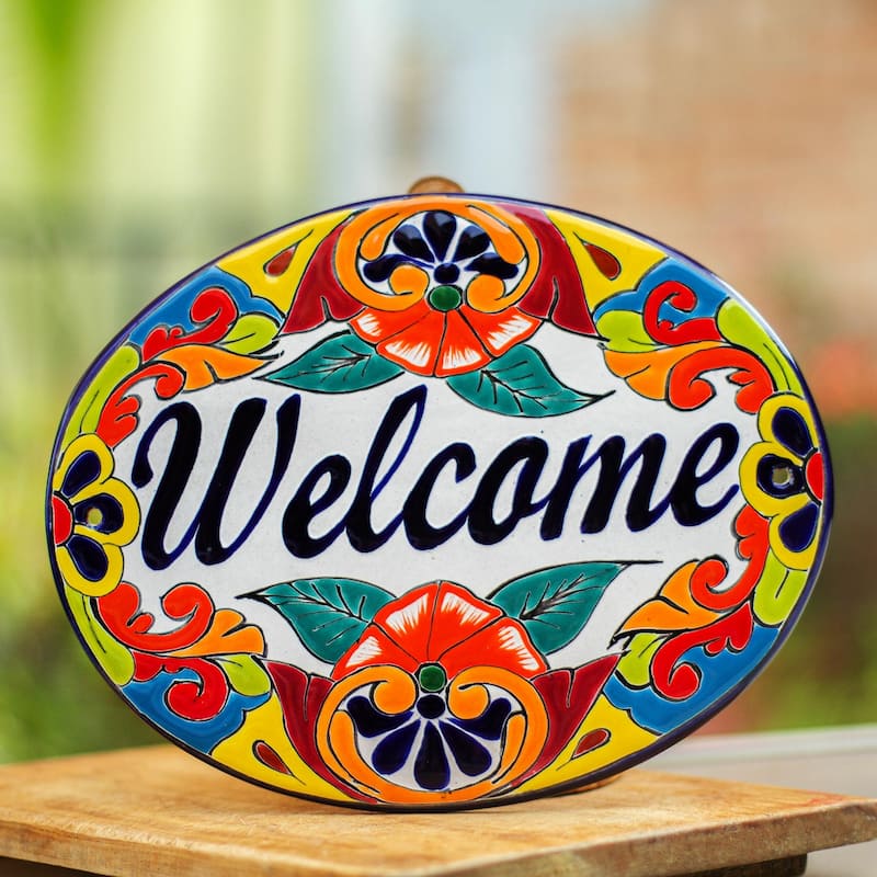 Novica Handmade Talavera Welcome Ceramic Wall Sign