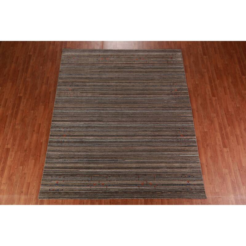 Striped Gabbeh Indian Area Rug Handmade Brown Wool Carpet - 8'0" x 9'8"