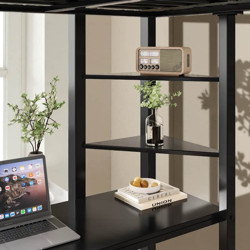 Full Size Metal Loft Bed with Desk, Storage Shelves & Guardrails, Space-Saving Workstation Loft Frame for Teens & Adults