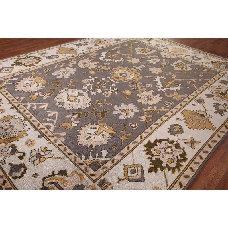 Dark Gray & Ivory Oushak Oriental Area Rug Hand-Knotted Wool Carpet - 9'2" x 11'7"