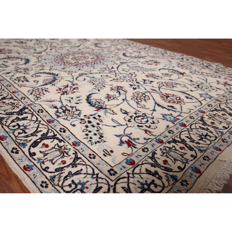 Beige Floral Nain Foyer Rug Hand-Knotted Wool Carpet - 4'1" x 6'4"