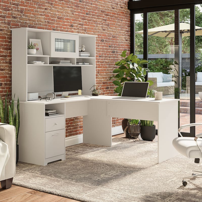 Cabot 60W L Shaped Computer Desk with Hutch by Bush Furniture - White