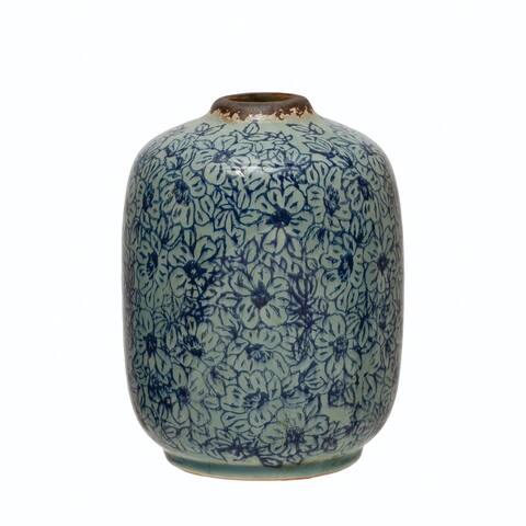 Terra-cotta Vase with Floral Pattern, Distressed Blue
