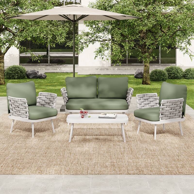 Roomfitters Steel 4-Piece Outdoor Conversation Set with Woven Rope Armrests and Cushions - Green,Off White