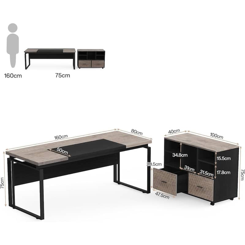 63" L-Shaped Executive Desk Reversible File Cabinet Combo, Office Computer Desk Set with Storage Drawers