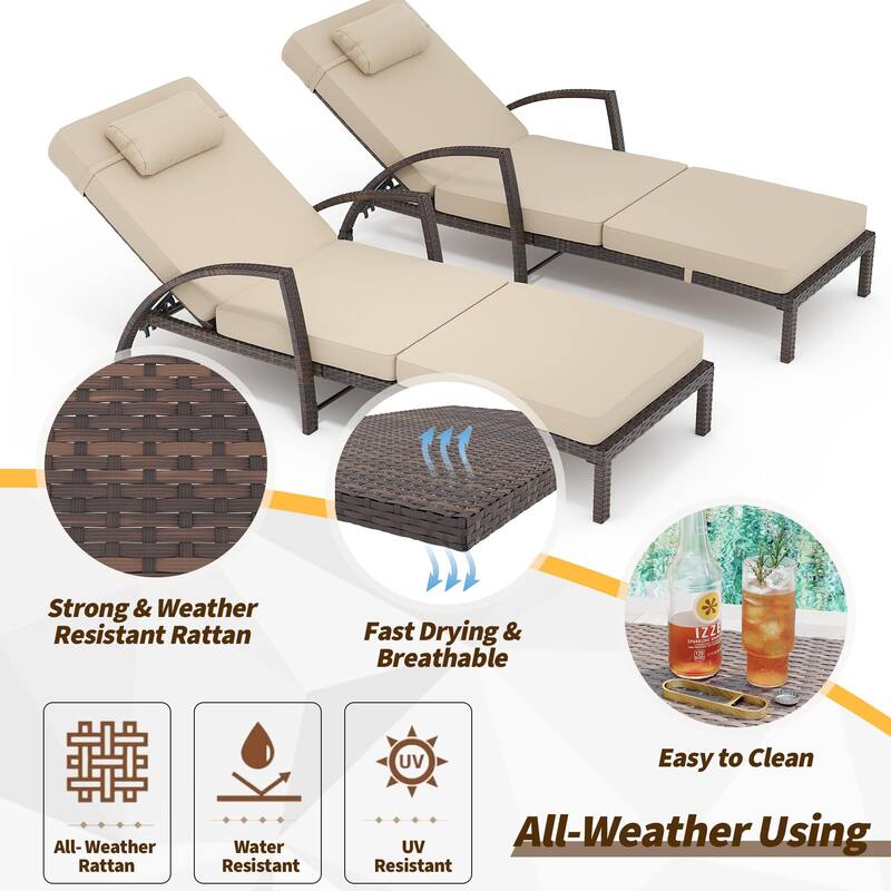 Outdoor Chaise Lounge Chairs Set of 2, Patio Rattan Reclining Chair with 5-Position Adjustable Backrest