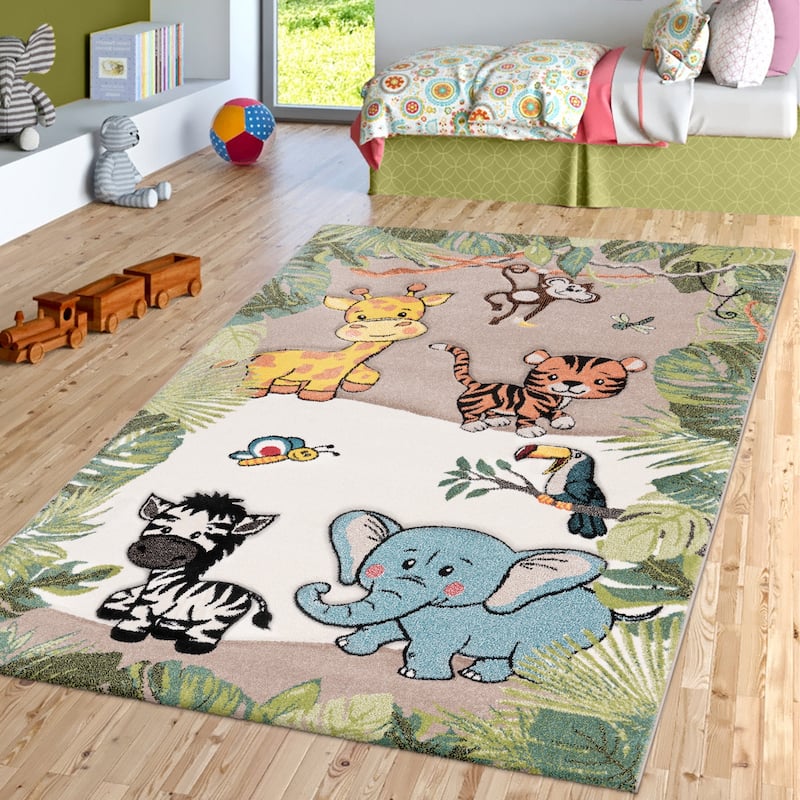 Kids Rug with Jungle Animals - Giraffe Lion Monkey Zebra in Beige - 3'11" x 5'7"