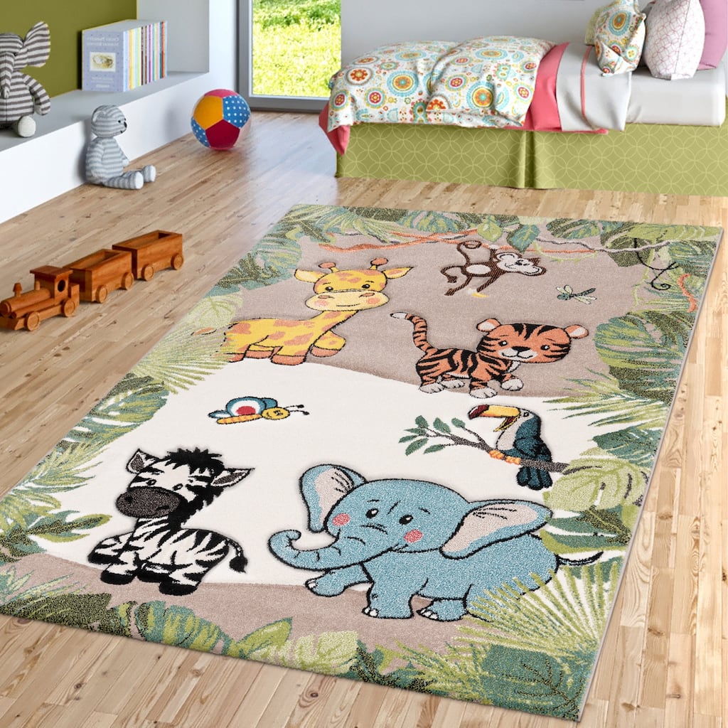 Kids Rug with Jungle Animals - Giraffe Lion Monkey Zebra in Beige