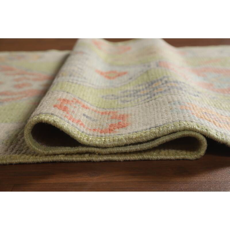 Hand Knotted Oriental 100% Wool Carpet Transitional Geometric Green Oushak Runner Rug - 8' 3'' X 3' 1''