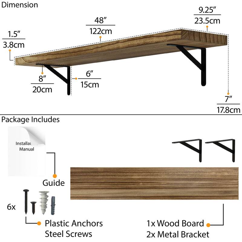 Wallniture Forme 48"-84" Long Floating Shelves Living Room & Office Decor, Solid Wood Shelves, Wall Mounted, 1.5" Thick, Burnt