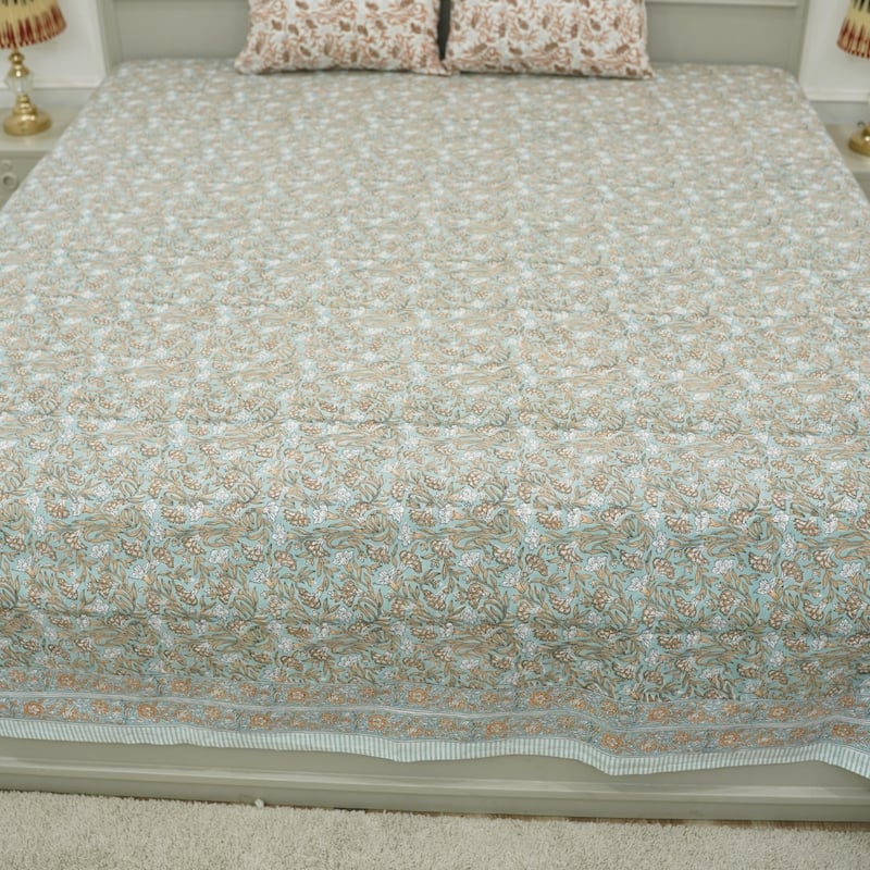 Fabdivine Cotton Hand Block Floral Flat Sheet Bed Room Home Décor Accent Gift