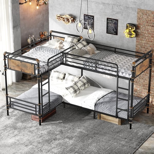 slide 2 of 14, Quad Bunk Bed for 4 Kids, L-shape Metal Frame Twin Size Bunk Bed, Detachable Triple Bunk Bed, Separable Into 3 Twin Beds, Black Black - Twin