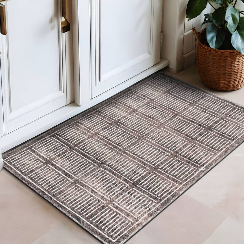 World Rug Gallery Bohemian Stripe Lines Washable Non Slip Area Rug - Brown - 2'x3'