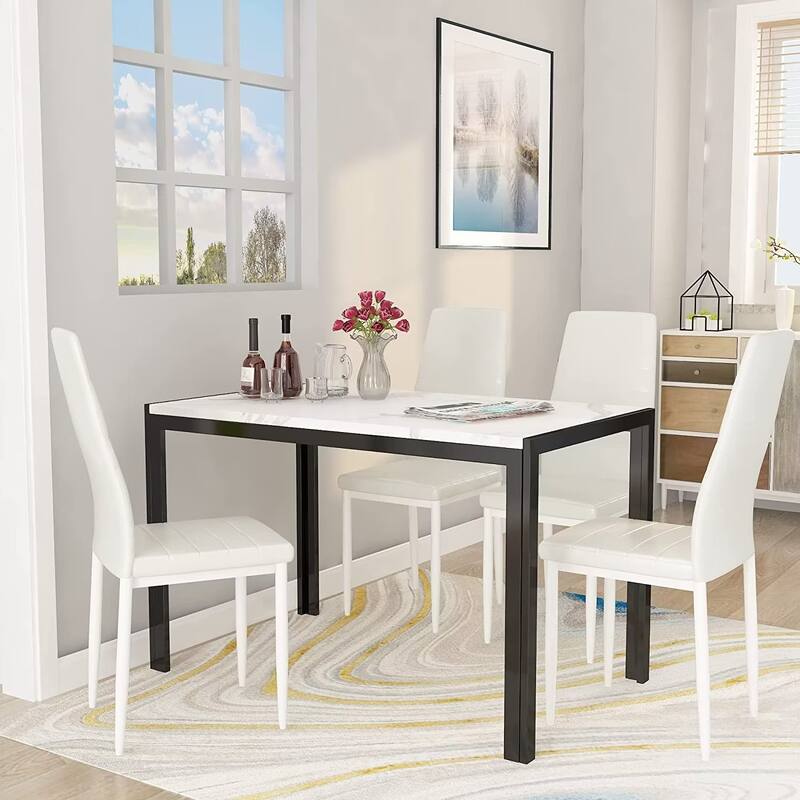 Eureka 5 Piece Modern Faux Marble Dining Set, Kitchen Table Set with 4 Upholstered PU Leather Chairs, Dining Table Set