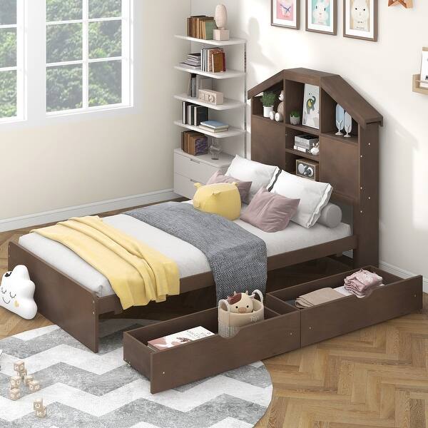 slide 2 of 51, Wood Platform Bed Frame with 2 Drawers and 5 Storage Shelves Walnut - Twin