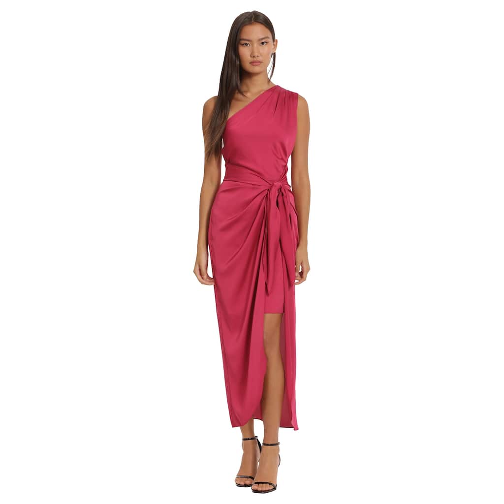 One Shoulder Sleeveless Maxi Dress With Side Tie Waist And Side Zipper