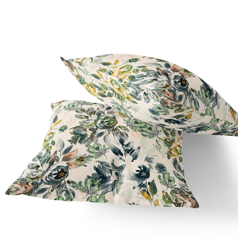 HomeRoots Set of Two 16" X 16" Green and White Blown Seam Floral Indoor Outdoor Throw Pillow - 16.00' X '16.00' X '5.00