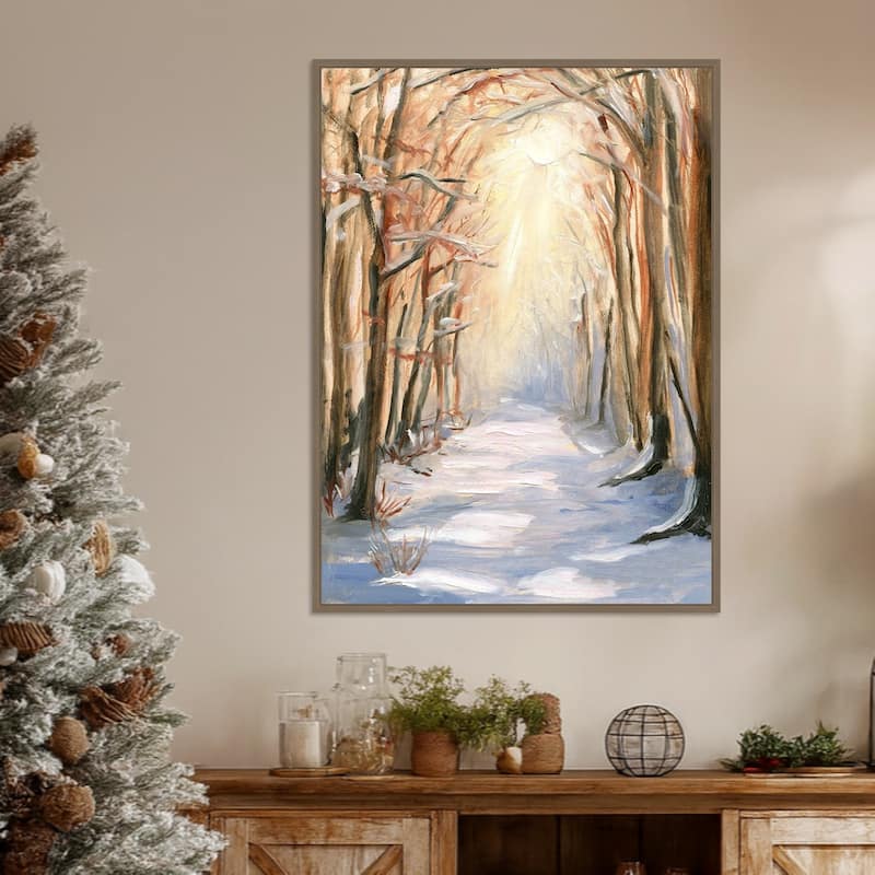 Path in Winter by Sandra Iafrate Framed Canvas Wall Art Print - Sylvie Dark Gold