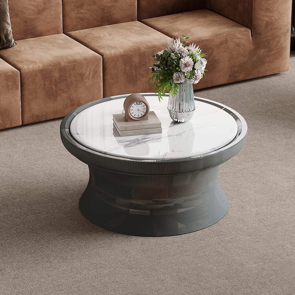 33.46" Modern Round Coffee Table,White Glossy Sintered Stone Table top, Green