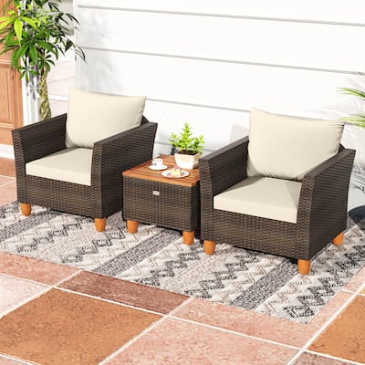 Costway 3 PCS Outdoor Patio Rattan Bistro Furniture Set Wooden Table - See Details