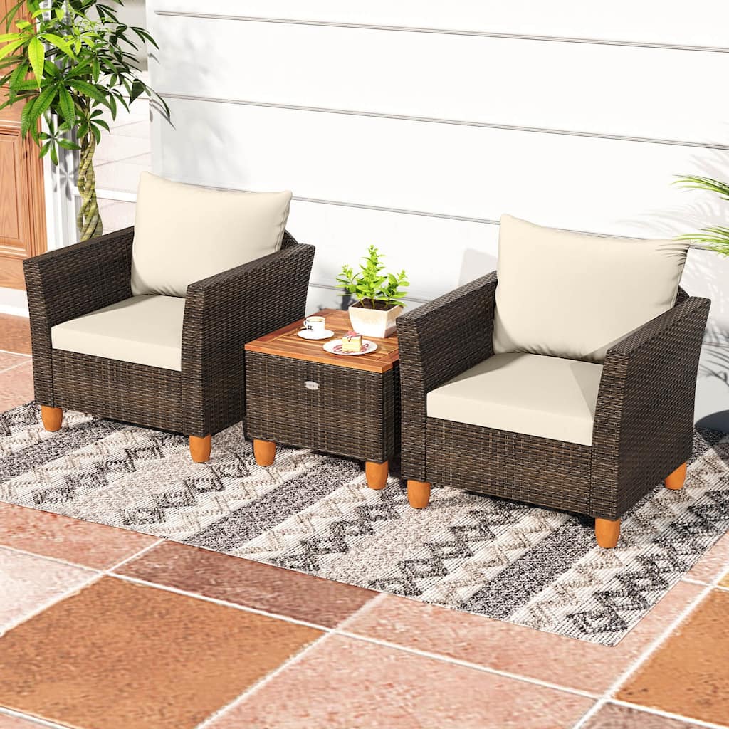Costway 3 PCS Outdoor Patio Rattan Bistro Furniture Set Wooden Table - See Details