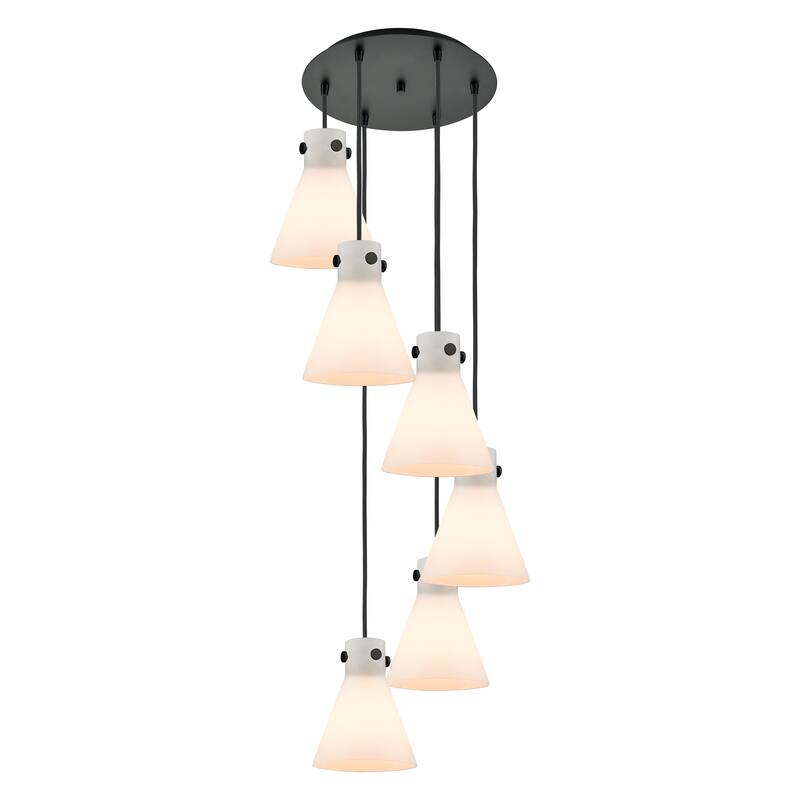 Innovations Lighting Newton Cone - 6 Light 8" Cord Hung Multi Pendant - 14" Canopy - Matte Black/White
