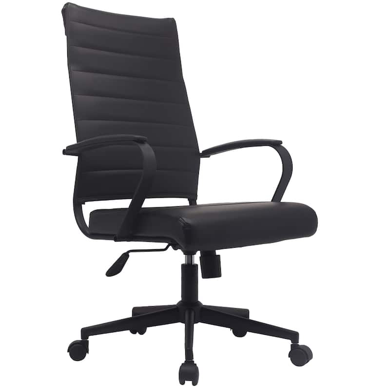 Modern Brown High Back Office Chair Ribbed PU Leather Swivel Conference Room Computer Desk Visitor Vintage Retro Boss - All Black