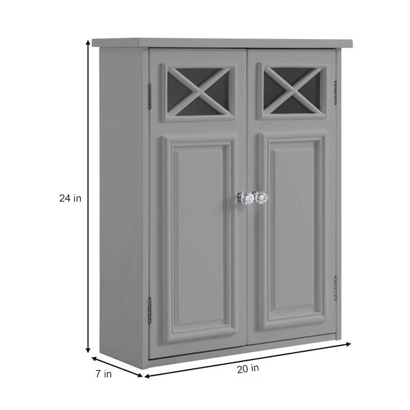 Teamson Home Dawson 2-Door Gray Bathroom Wall Cabinet, Removable Glass Panel, Adjustable Shelf, Cross Molding Storage