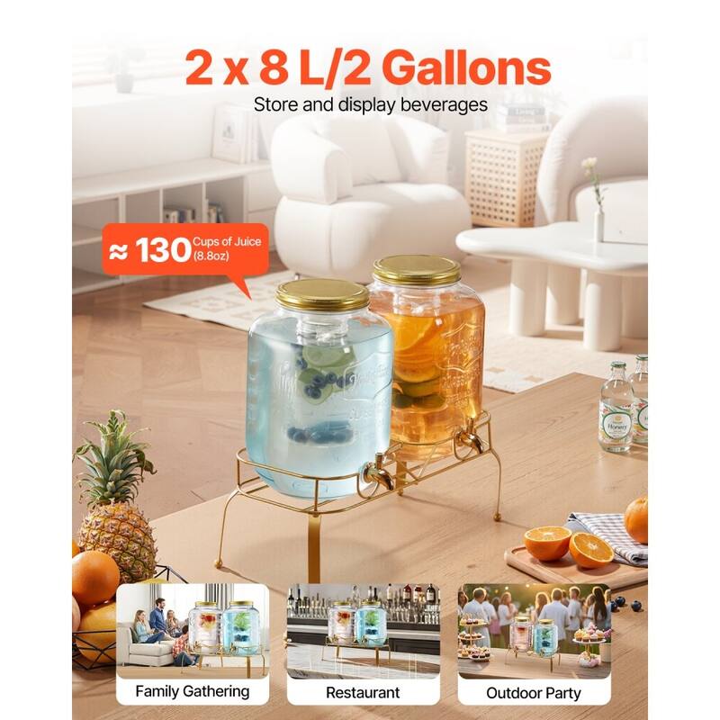 Transparent Glass Dual Cylinder Beverage Dispenser with Metal Stand and Chalkboards - 18.5 x 8.27 x 17.7 in
