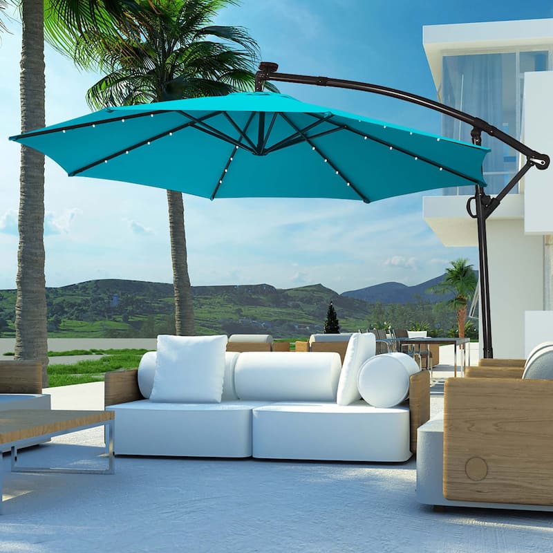 Costway 10FT Patio Offset Umbrella Solar Powered LED 360degrees