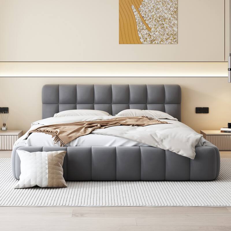 Queen Size Grounded Bed Upholstered Platform Bed Frame Solid Wood Slat Support, Thick Fabric Frame Futon Headboard