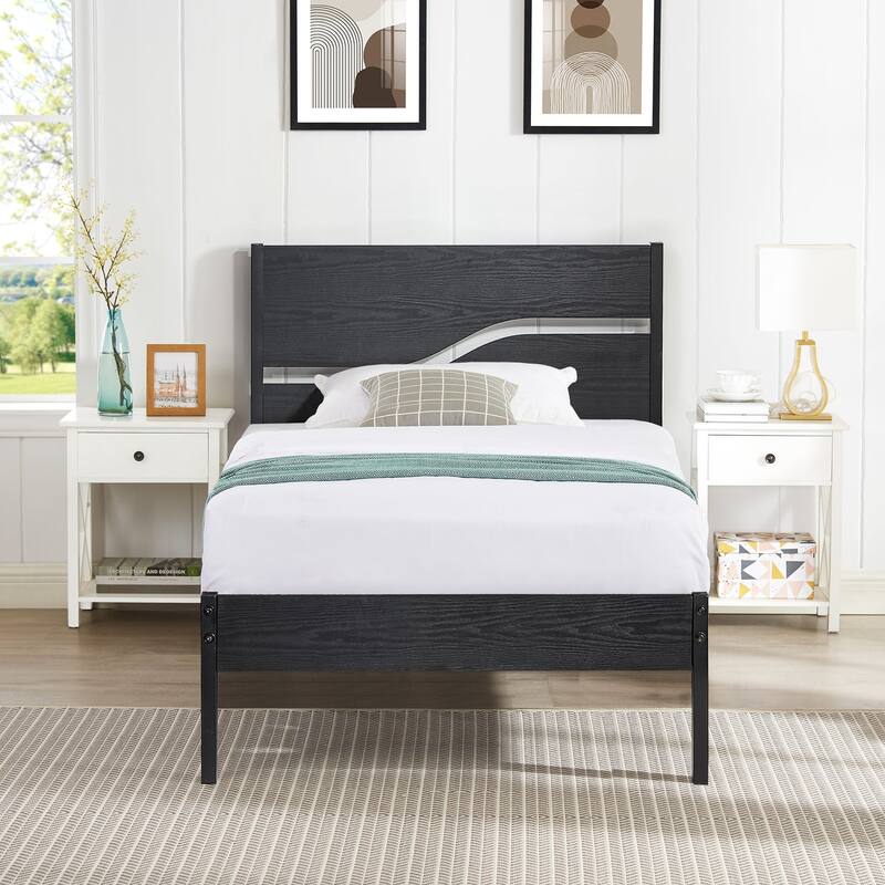 VECELO 2 Pack Twin Size Kids Bed Industrial Platform Bed Frame with MDF Curved Cutout Headboard Twin Size Bed Set of 2