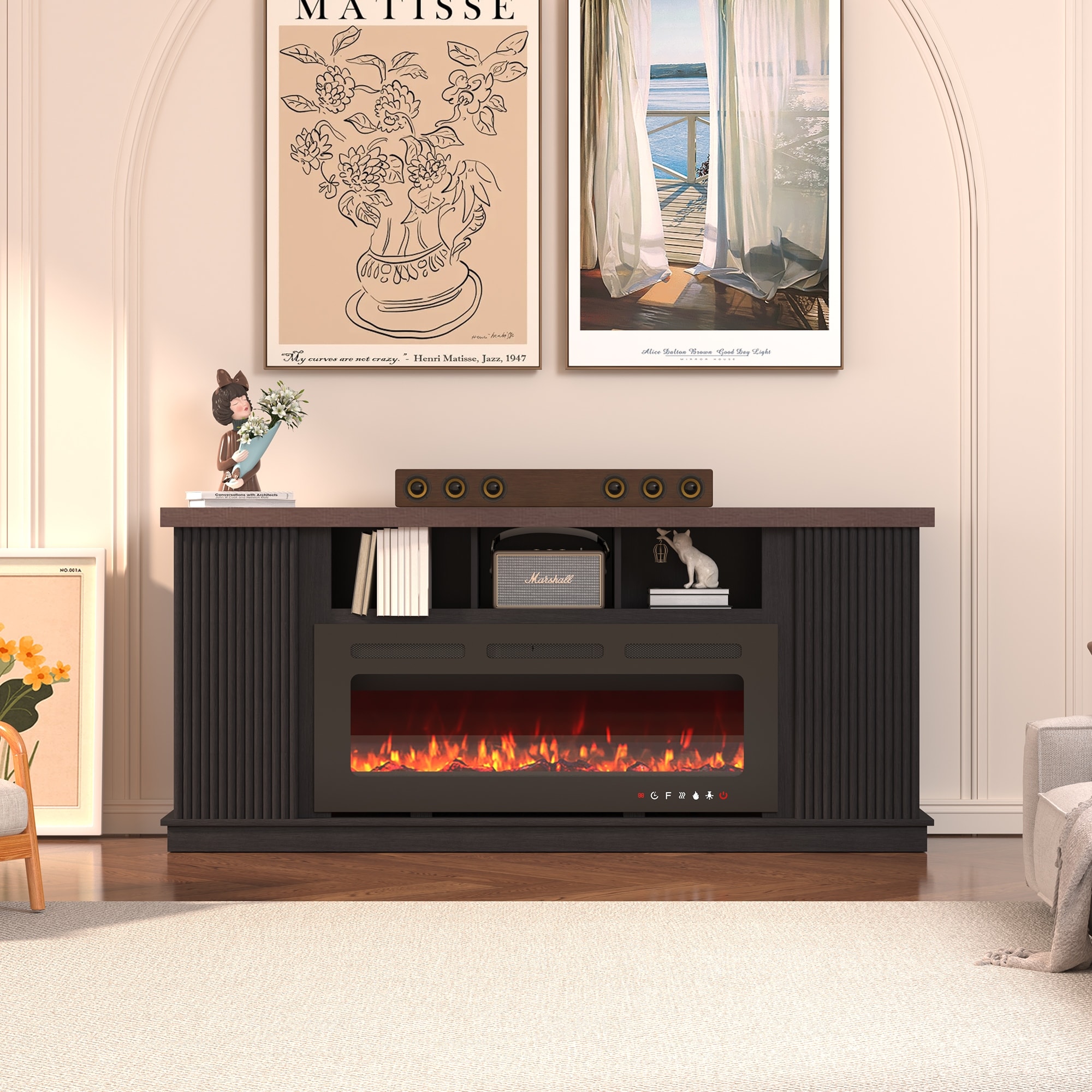 Vintage 70" TV Stand with 42" Electric Fireplace and Double Doors, Perfect for Living Room or Bedroom