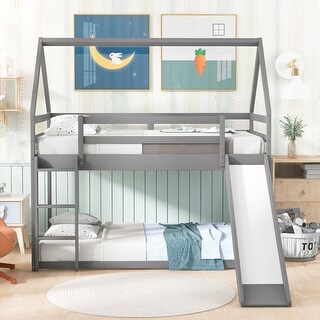 Gray Twin Size Bunk Bed Wood House Bed with Convertible Slide and ...