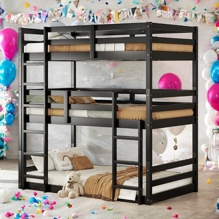 Triple Rubber Wood Bunk Bed with Two Built-in Ladders, Guardrails, Twin over Twin over Twin, Detachable Triple Twin Bunk Bed