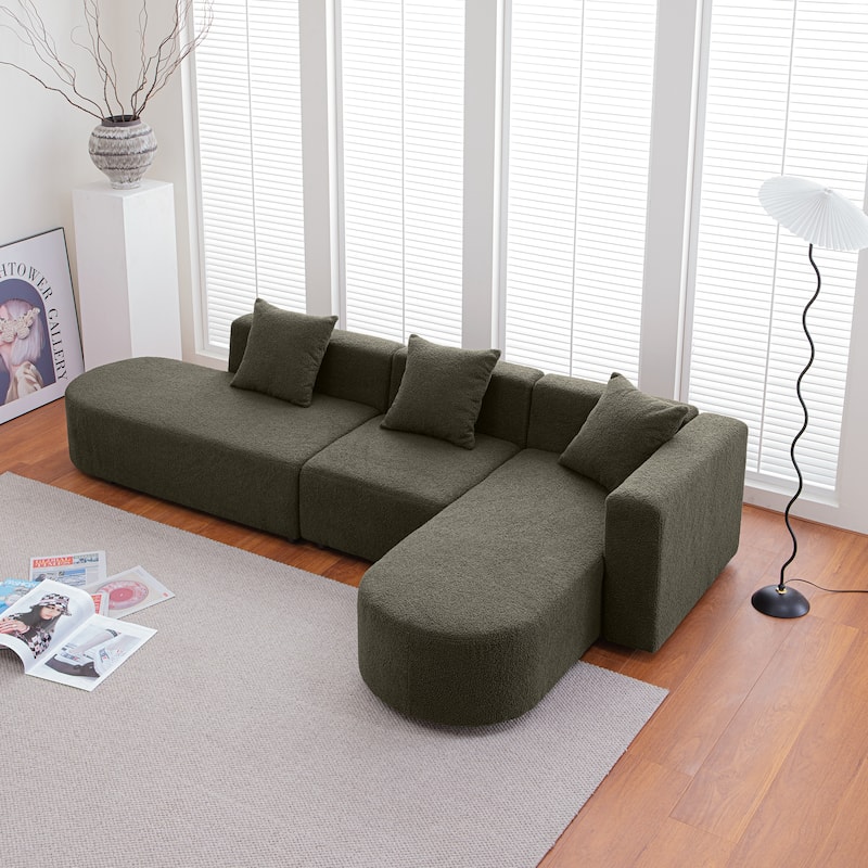 110.2 Inch Modern Sectional Sofa Couch,L Shape Boucle Sofa Couch with 3 Pillows,Modern Minimalist Style Couch - Coffee