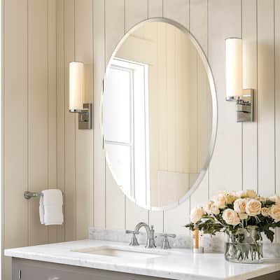 1PCS ARTLOGE Decorative Wall Mirror: Frameless Oval Wall Mirror Silver Art Mirror Accent Bathroom Vanity Mirror for Home Decor