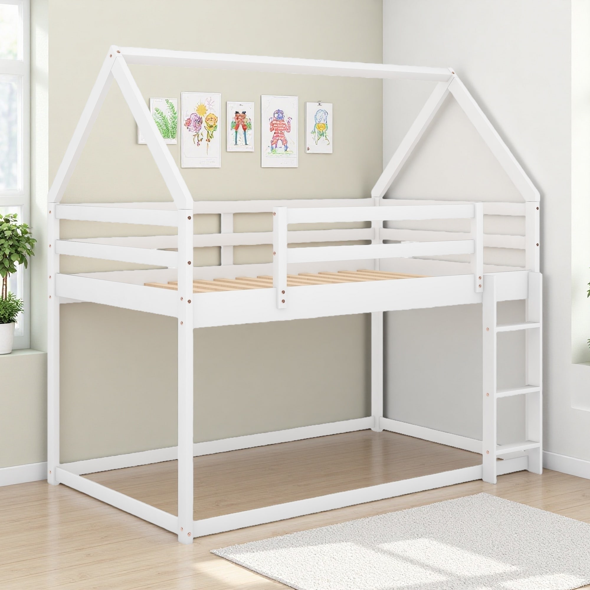 Twin over Twin Pine Wood Low Bunk House Bed with Ladder