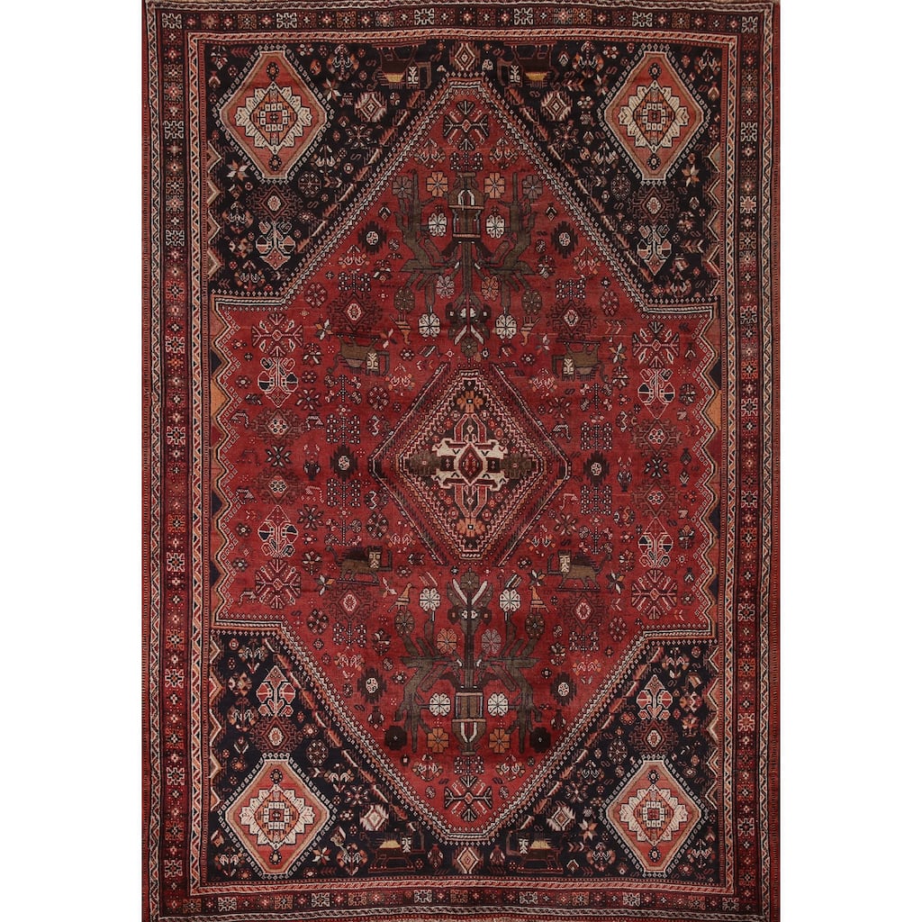 Animal Pictorial Shiraz Persian Vintage Area Rug Handmade Wool Carpet - 6'4"x 9'1"