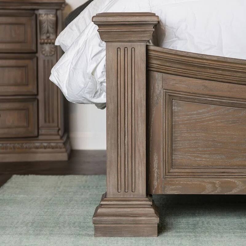 Wooden Eastern King Bed with Reeded Posts in Weathered Oak