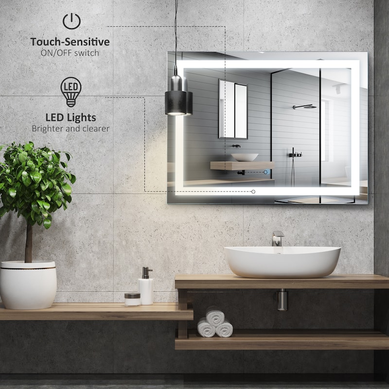 HOMCOM 32" LED Illuminated Bathroom Wall Vanity Mirror with Outline LEDs, Adjustable Horizontally or Vertically, Silver