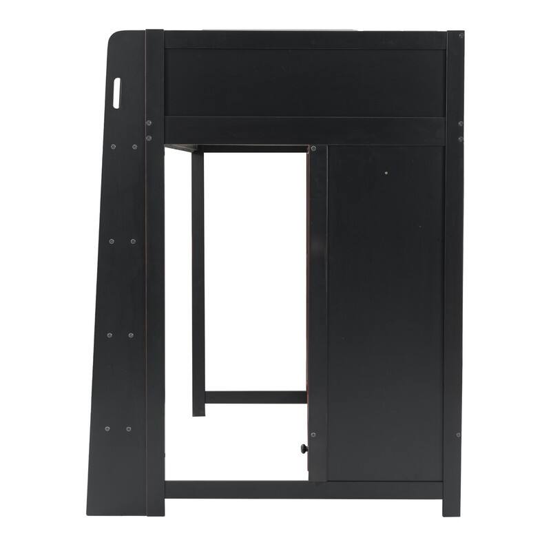 Twin/Full Size Gaming Bed with Built-in Desk & LED Light, E-Sports Style Wood Loft Bed with Open Wardrobe & Drawer